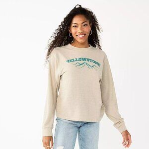 Juniors' Yellowstone Graphic Crewneck Waffle Weave Top Long Sleeves NEW Medium M